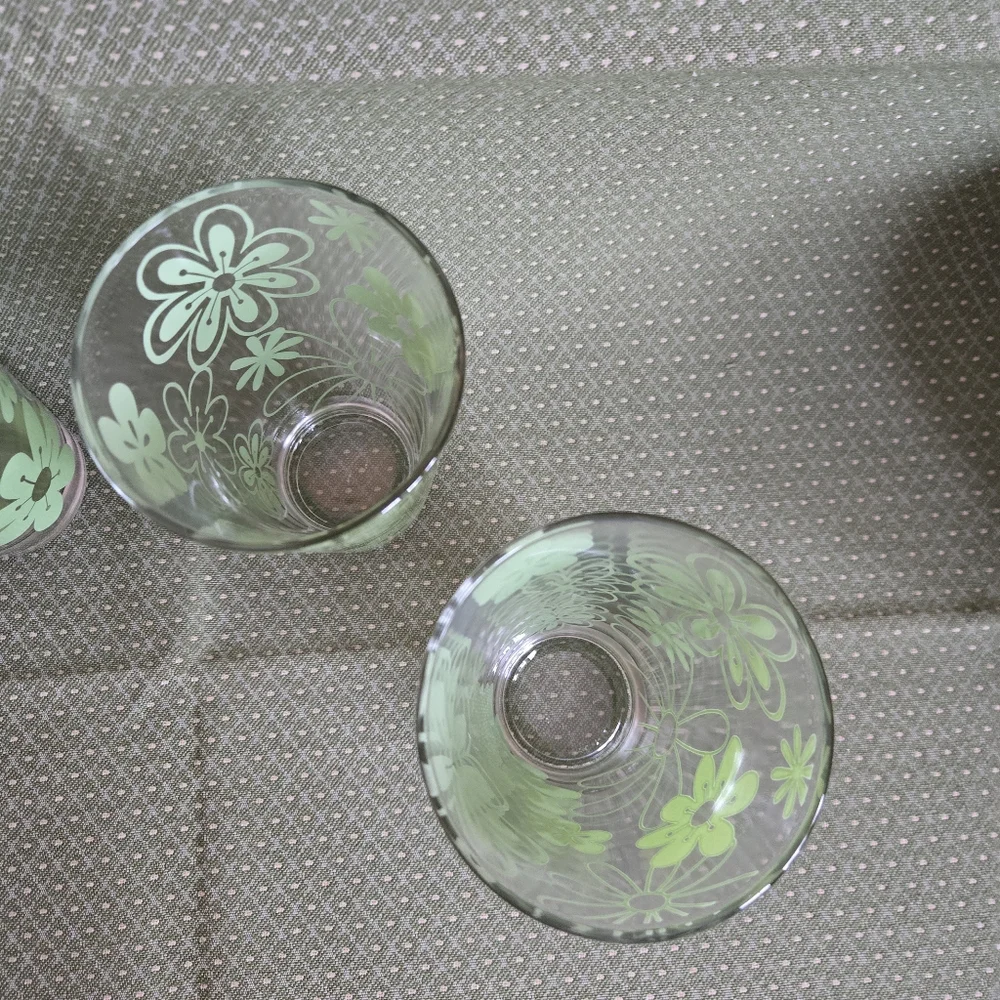 Cerve Floral Glass Tumblers Set of 4 Green Flower Design Vintage